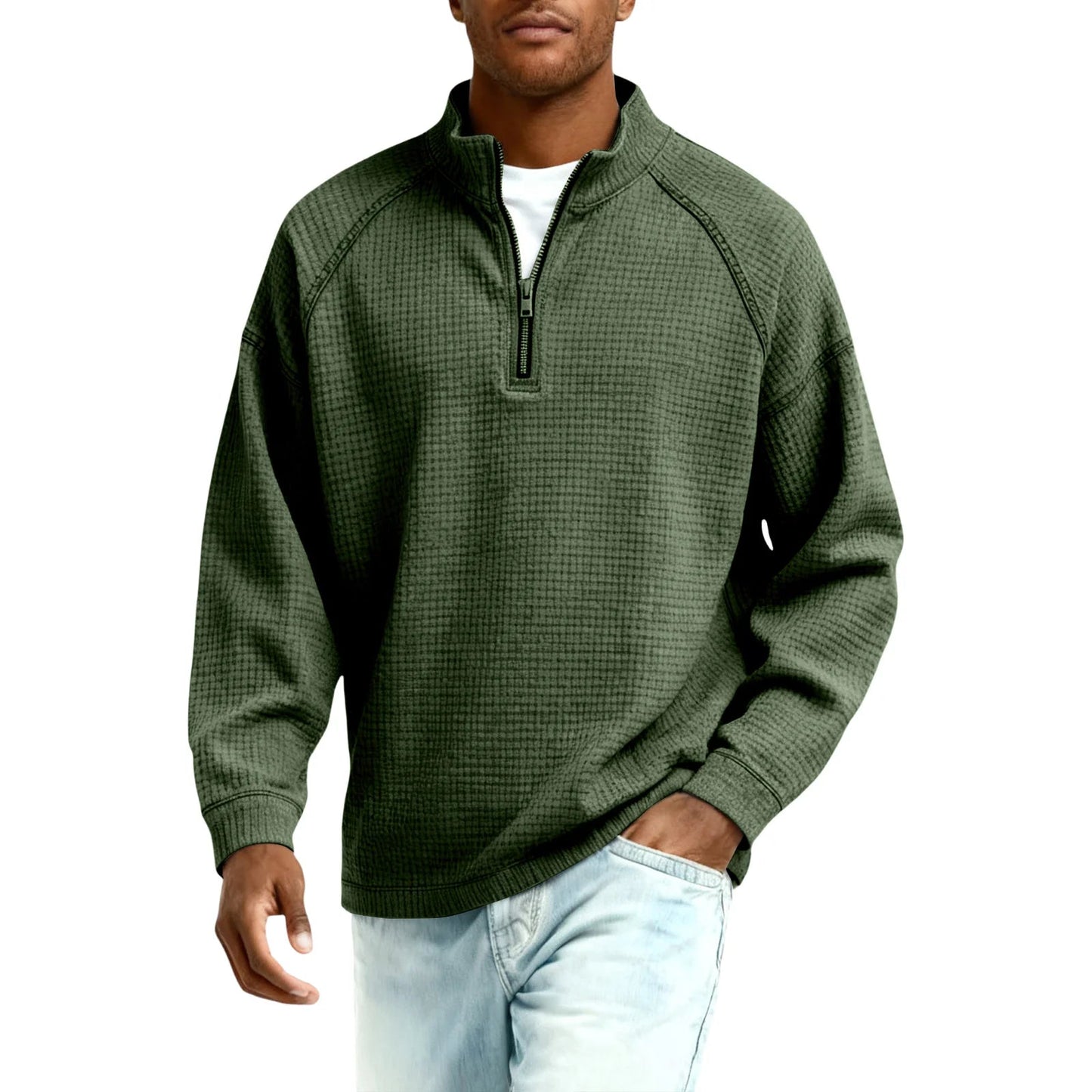 Herren Waffelstrick Pullover mit Viertel-Reißverschluss Lockerer Schnitt