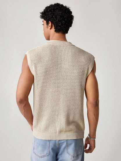 Herren Ärmelloses Strick-Poloshirt Pointelle Strick Schwarz