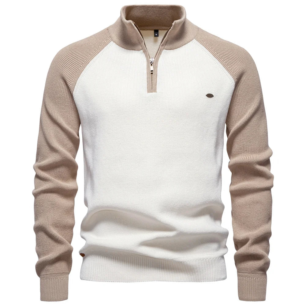 Herren Baumwoll-Pullover mit Stehkragen und Viertelreißverschluss