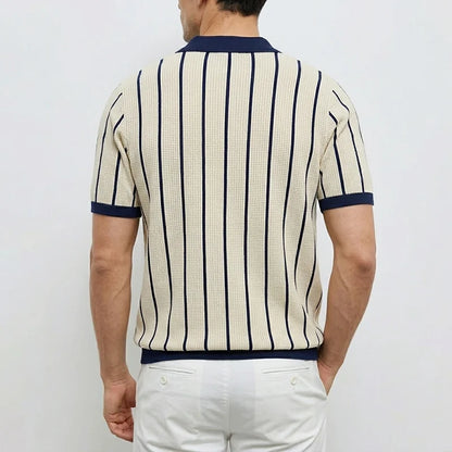Herren Gestreiftes Strick-Poloshirt Patchwork Kurzarm Weiß
