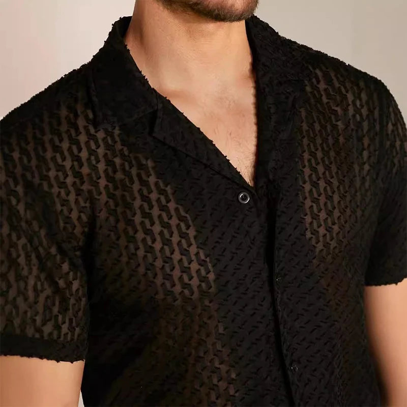 Herren Mesh-Spitzen-Kurzarmhemd Schwarz Slim Fit Button-Down