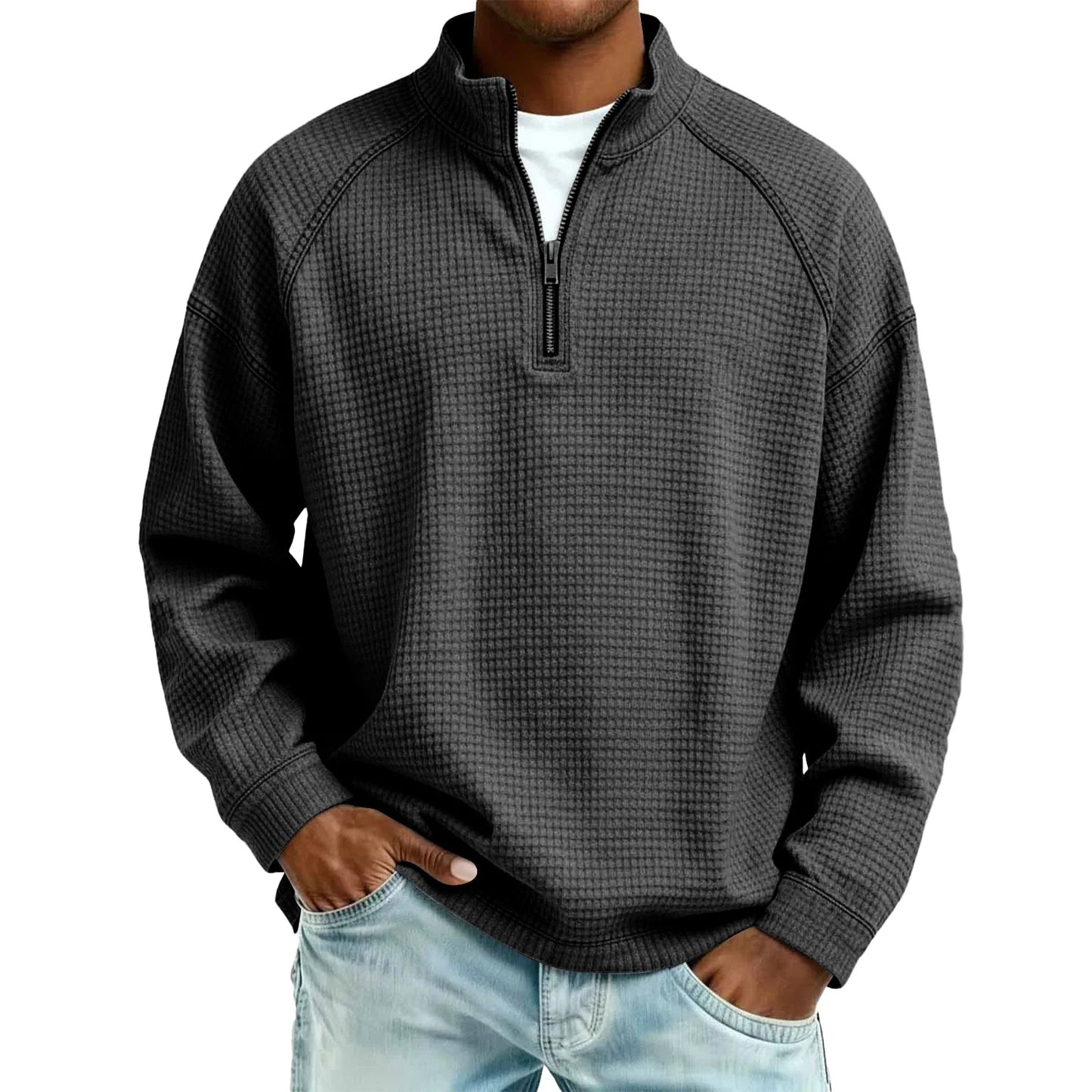 Herren Waffelstrick Pullover mit Viertel-Reißverschluss Lockerer Schnitt