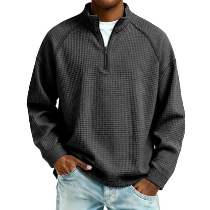 Herren Waffelstrick Pullover mit Viertel-Reißverschluss Lockerer Schnitt