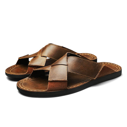 Herren Leder offene Zehen Hausschuhe Weich rutschfest Freizeit Sandalen