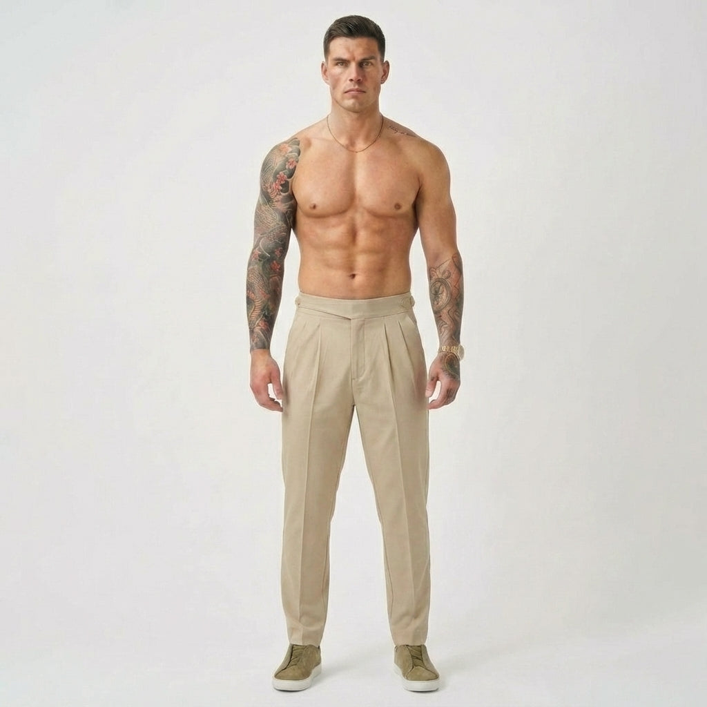 Hochtaillierte, maßgeschneiderte Hosen aus Cottonsilk-Mischgewebe in Creme