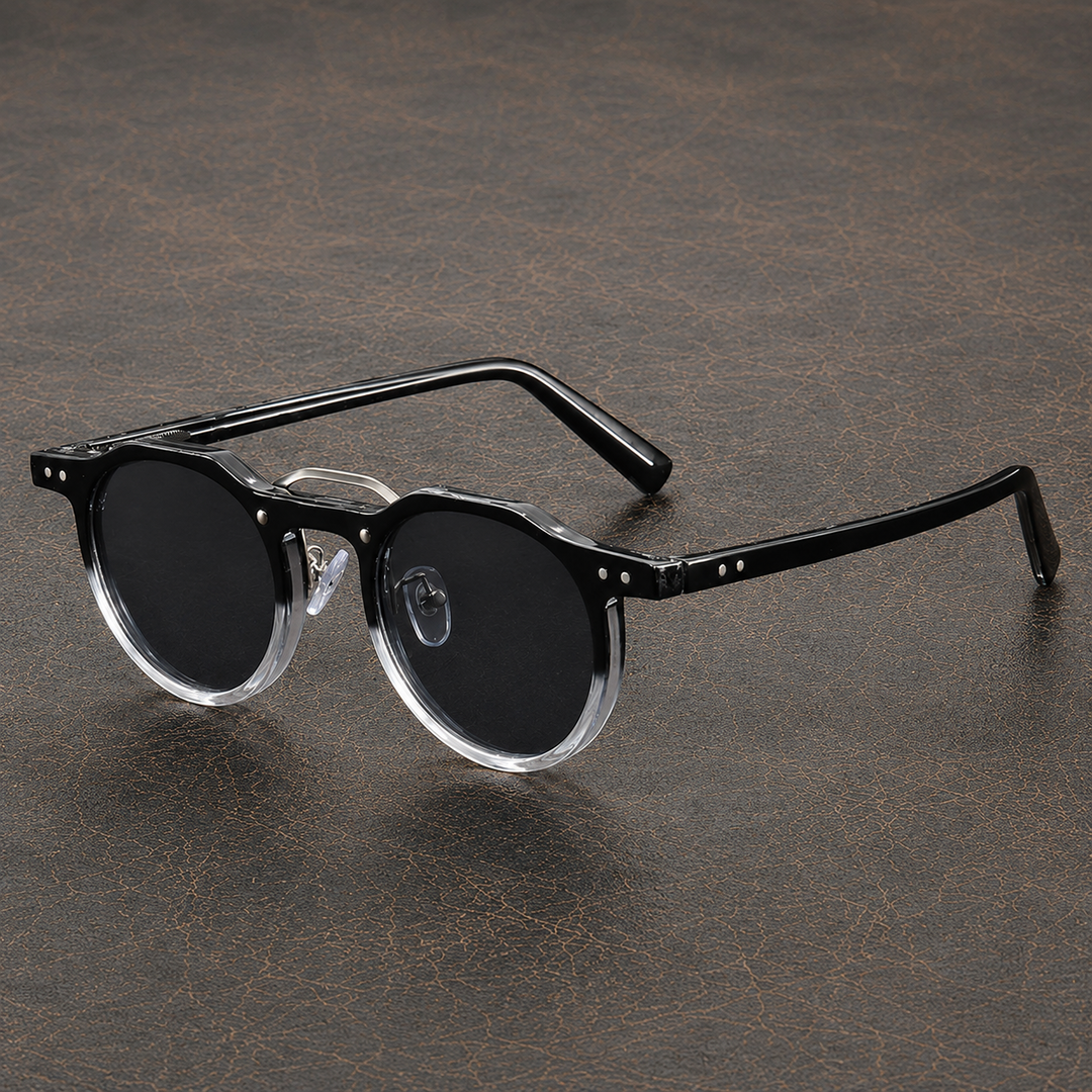 Detailaufnahme des runden Rahmens der Unisex Sonnenbrille