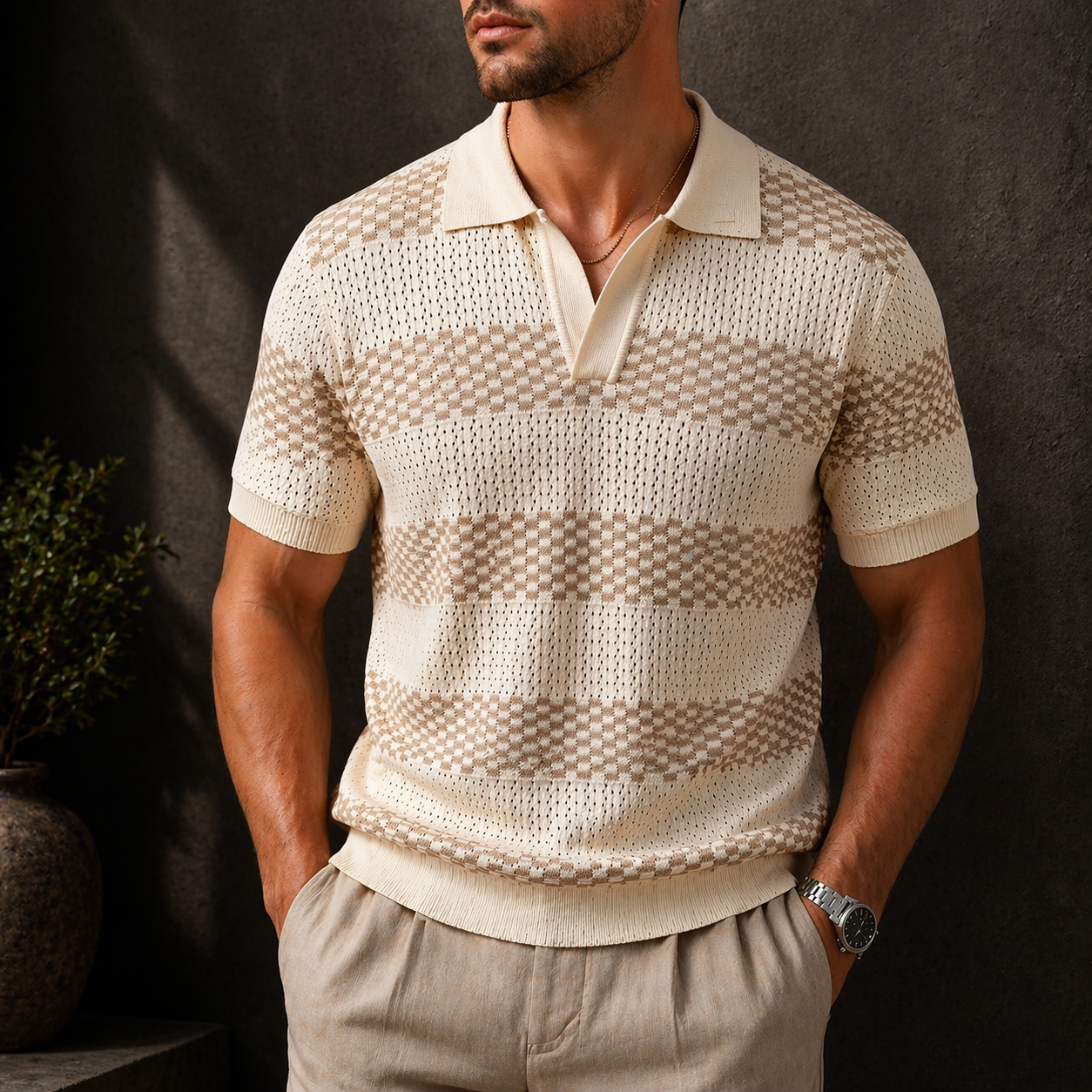 Herren Kurzarm-Polohemd aus Strick mit gestreiftem Design
