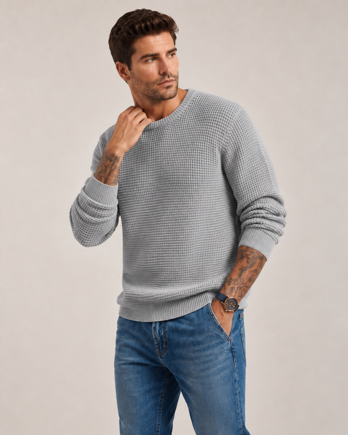 Detailansicht der strukturierten Oberfläche des Herren-Strickpullovers