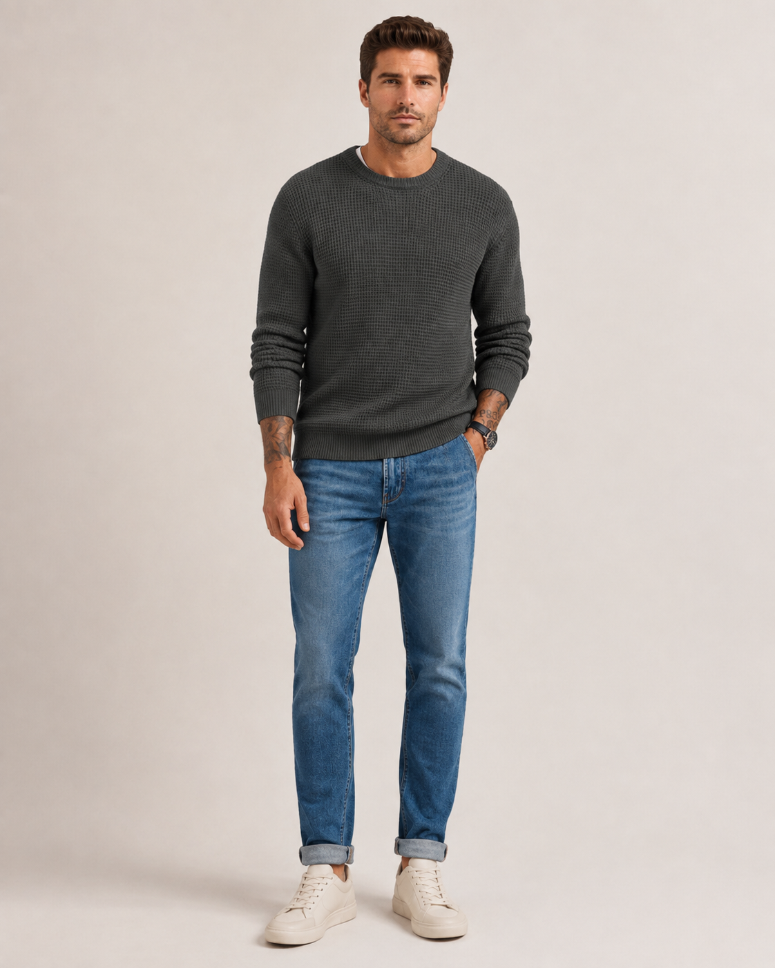 Seitliche Ansicht des Herren-Strickpullovers mit strukturierter Optik