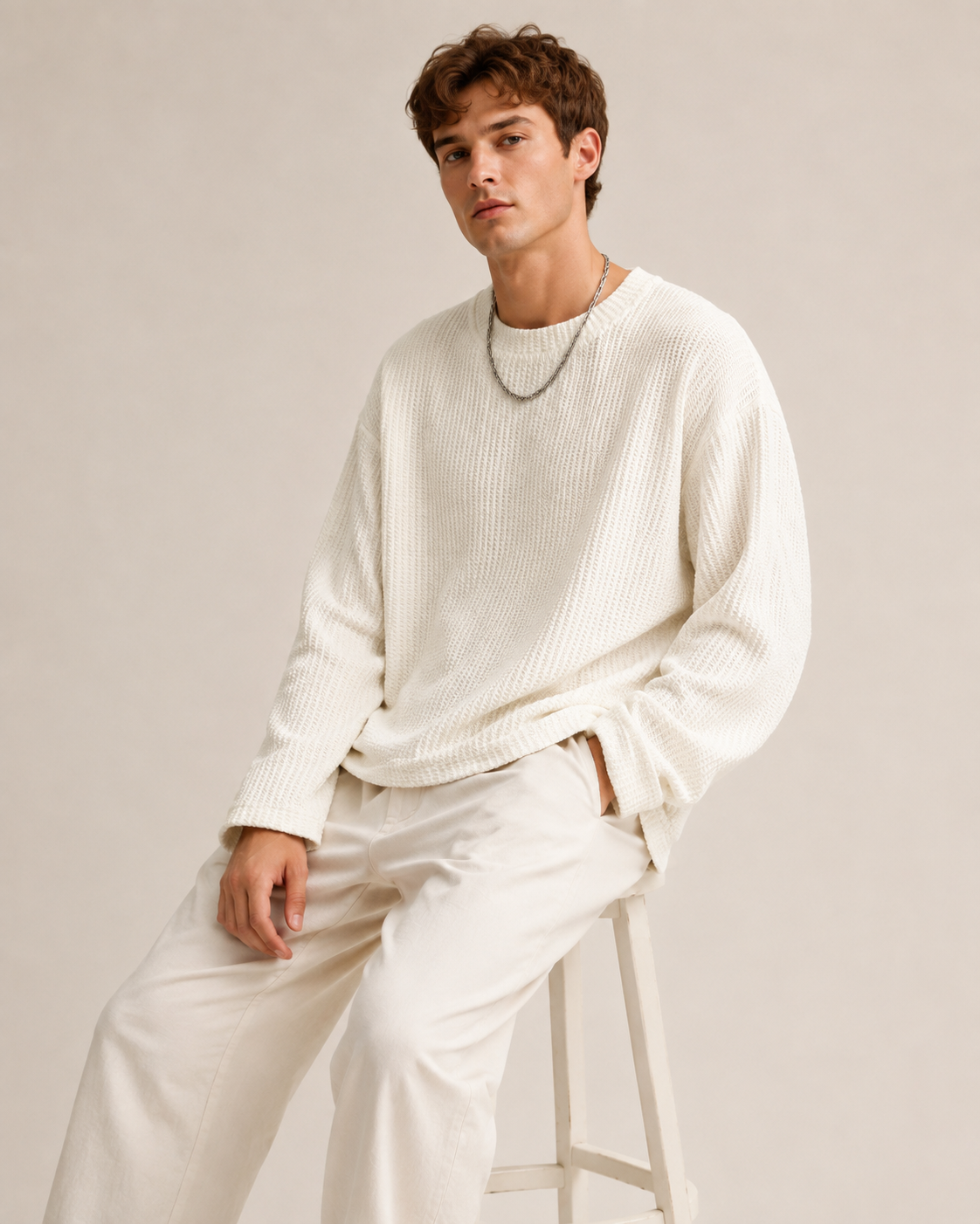 Seitenansicht des Pullovers mit Waffelstruktur
