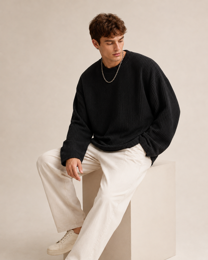 Detailaufnahme der Waffelstruktur des Pullovers