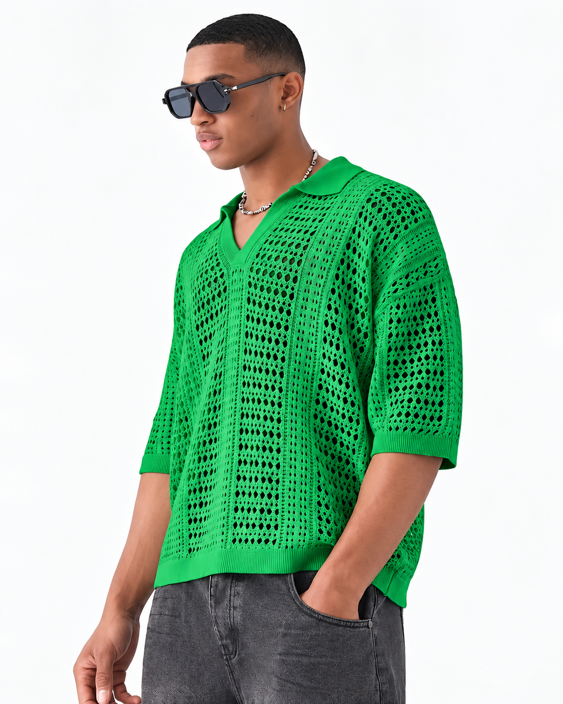 Knitted Polo Shirt With Openwork Pattern And Loose Fit
