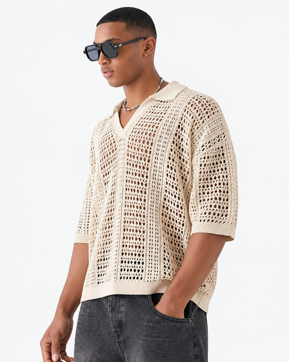 Knitted Polo Shirt With Openwork Pattern And Loose Fit