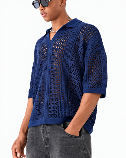Knitted Polo Shirt With Openwork Pattern And Loose Fit