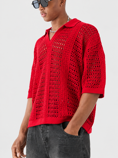 Knitted Polo Shirt With Openwork Pattern And Loose Fit
