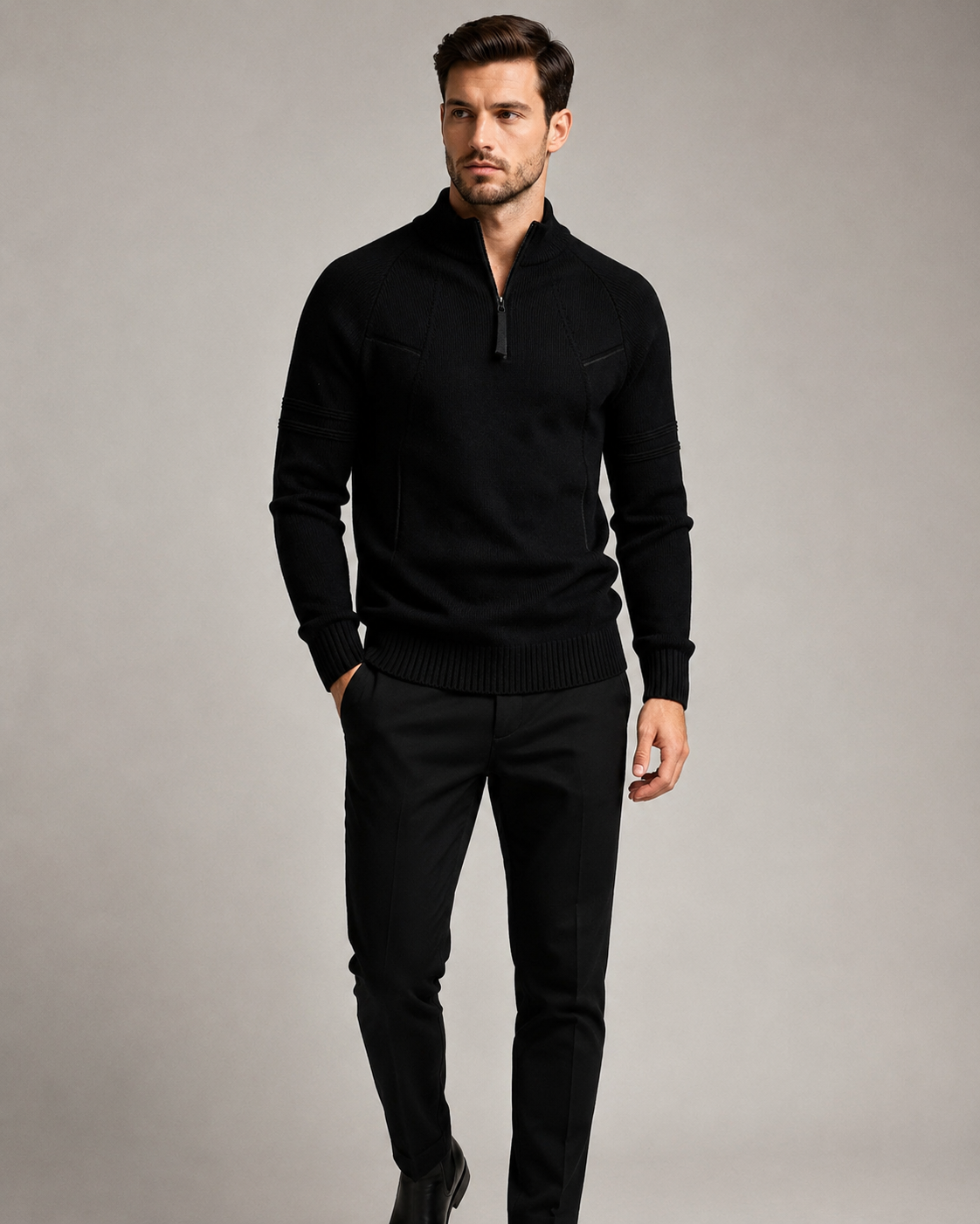 Hinteransicht des Strickpullovers mit geripptem Saum