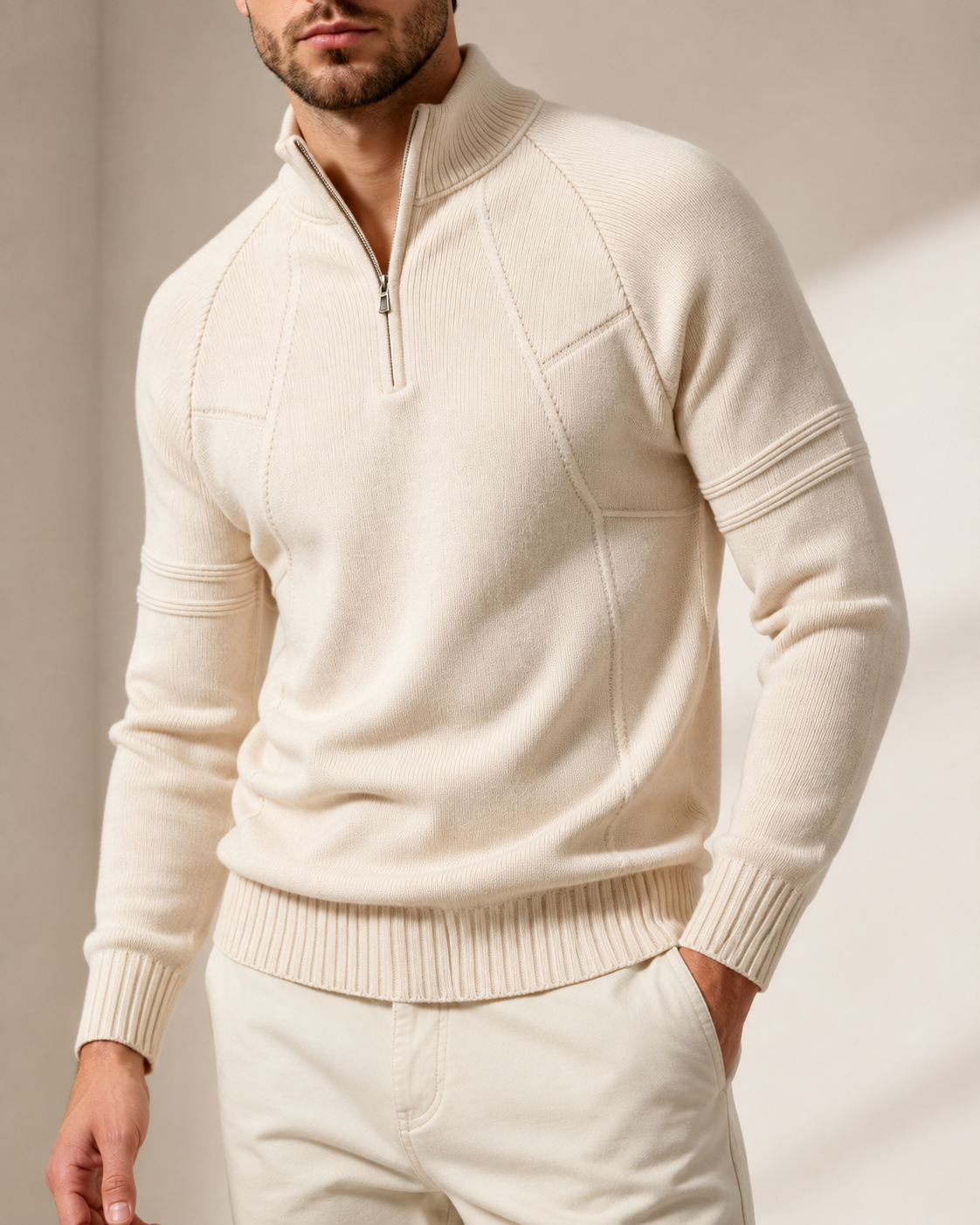 Herren-Strickpullover mit Reißverschluss und geripptem Saum