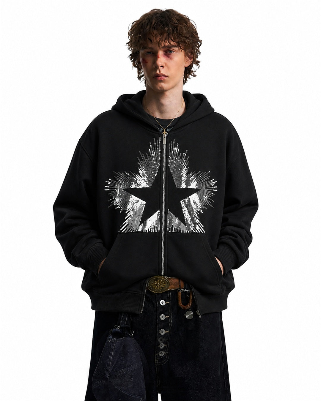 Damen-Kapuzenpullover mit Pailletten und auffälligem Sternmotiv