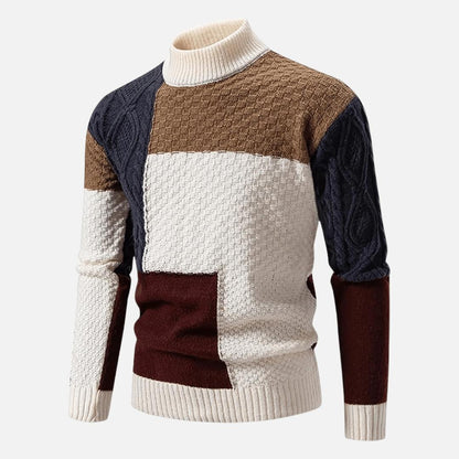 Detailansicht des Rollkragens und der Strickstruktur des Herrenpullovers