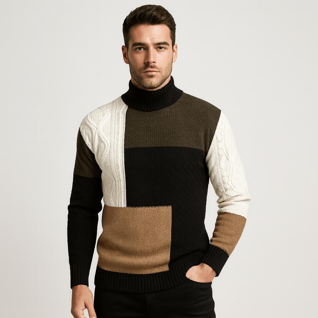 Herrenpullover mit Rollkragen und markanten Patches an der Vorderseite