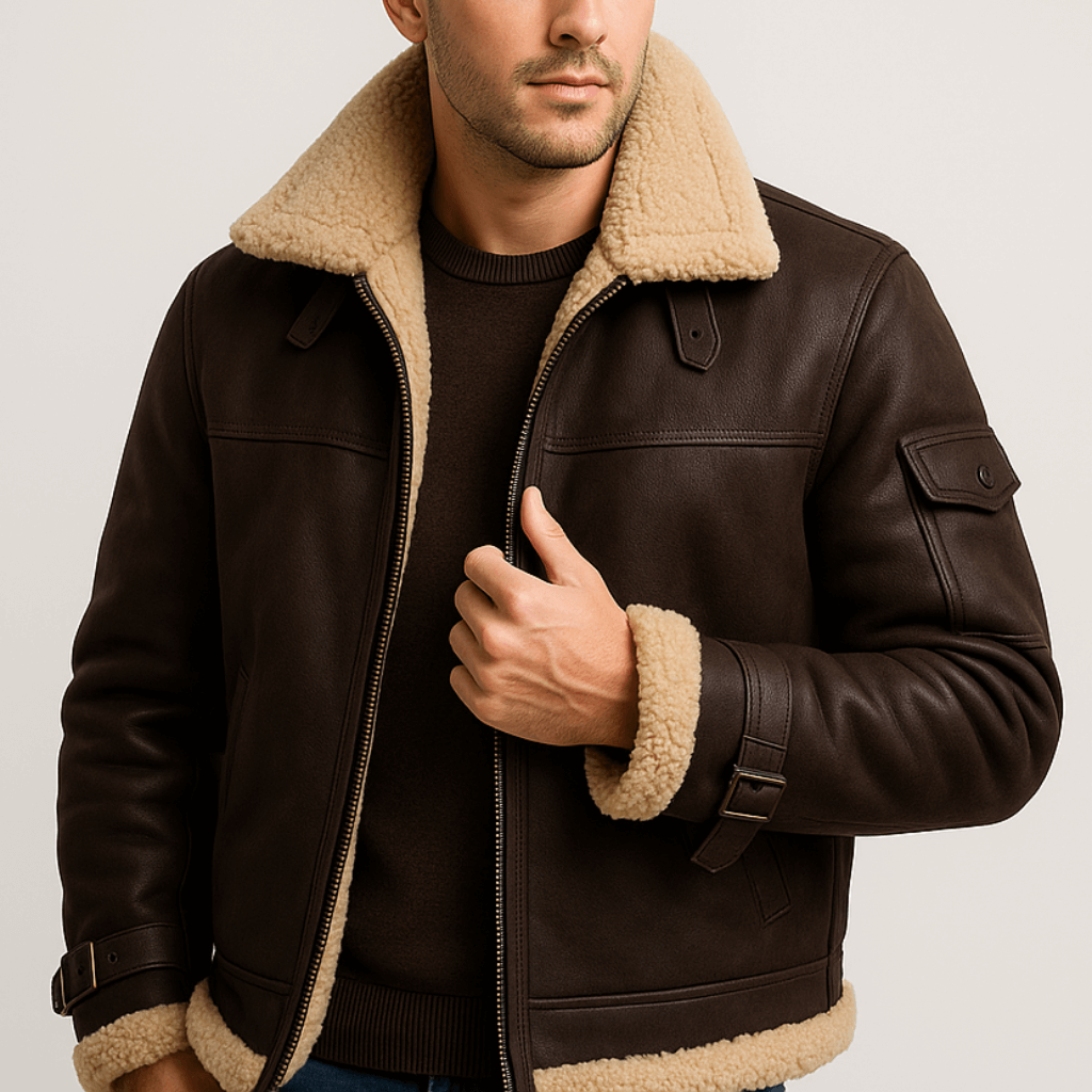 Detailansicht der Lederjacke für Herren mit aufgesetzten Taschen