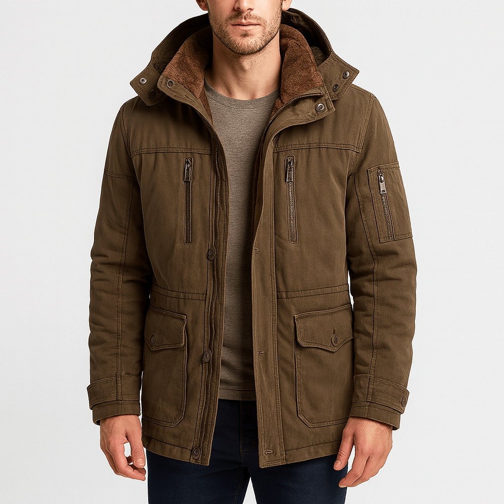 Herren-Winterjacke von hinten mit wärmendem Design für kalte Tage