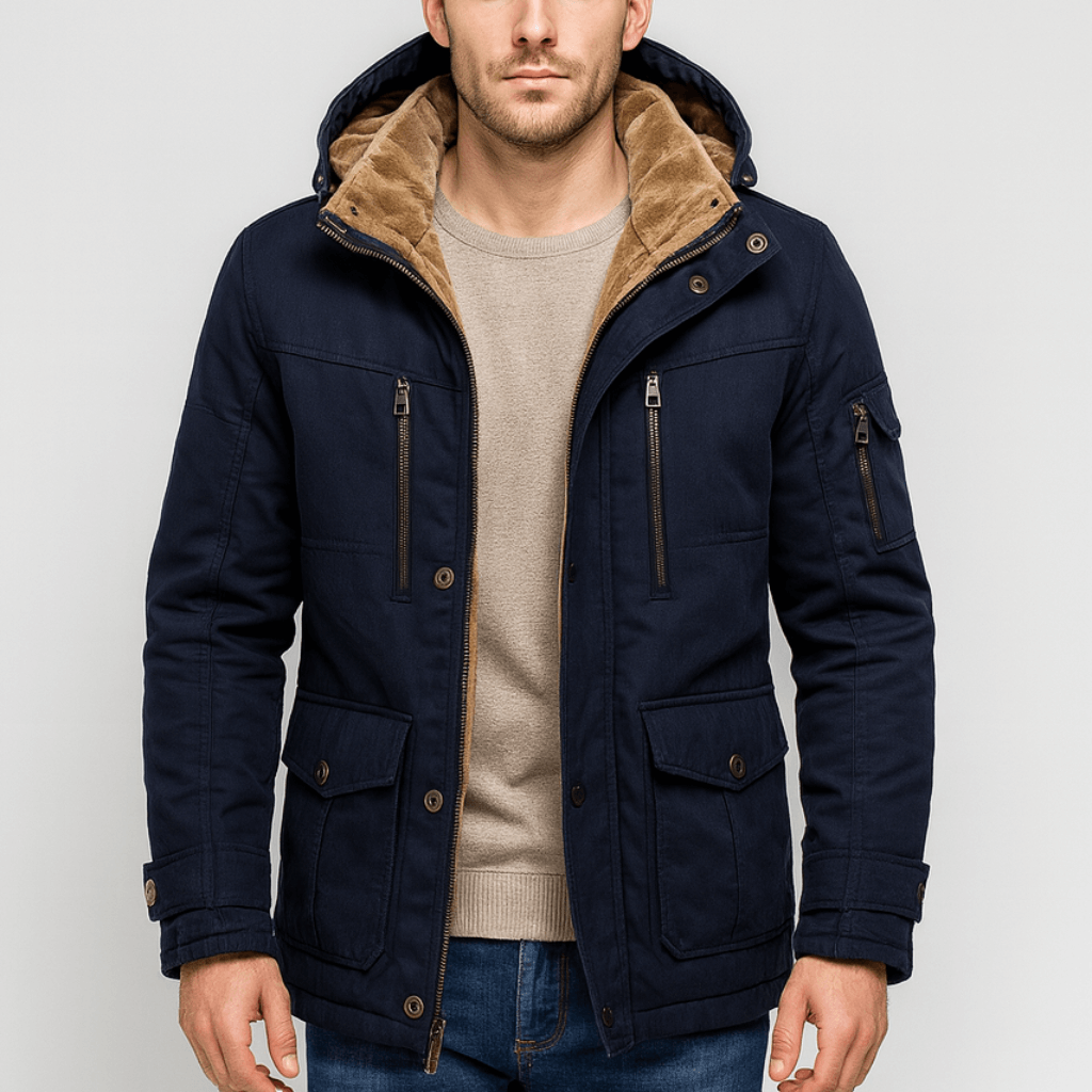 Detailansicht der Taschen und Verschlüsse an der warmen Herrenjacke