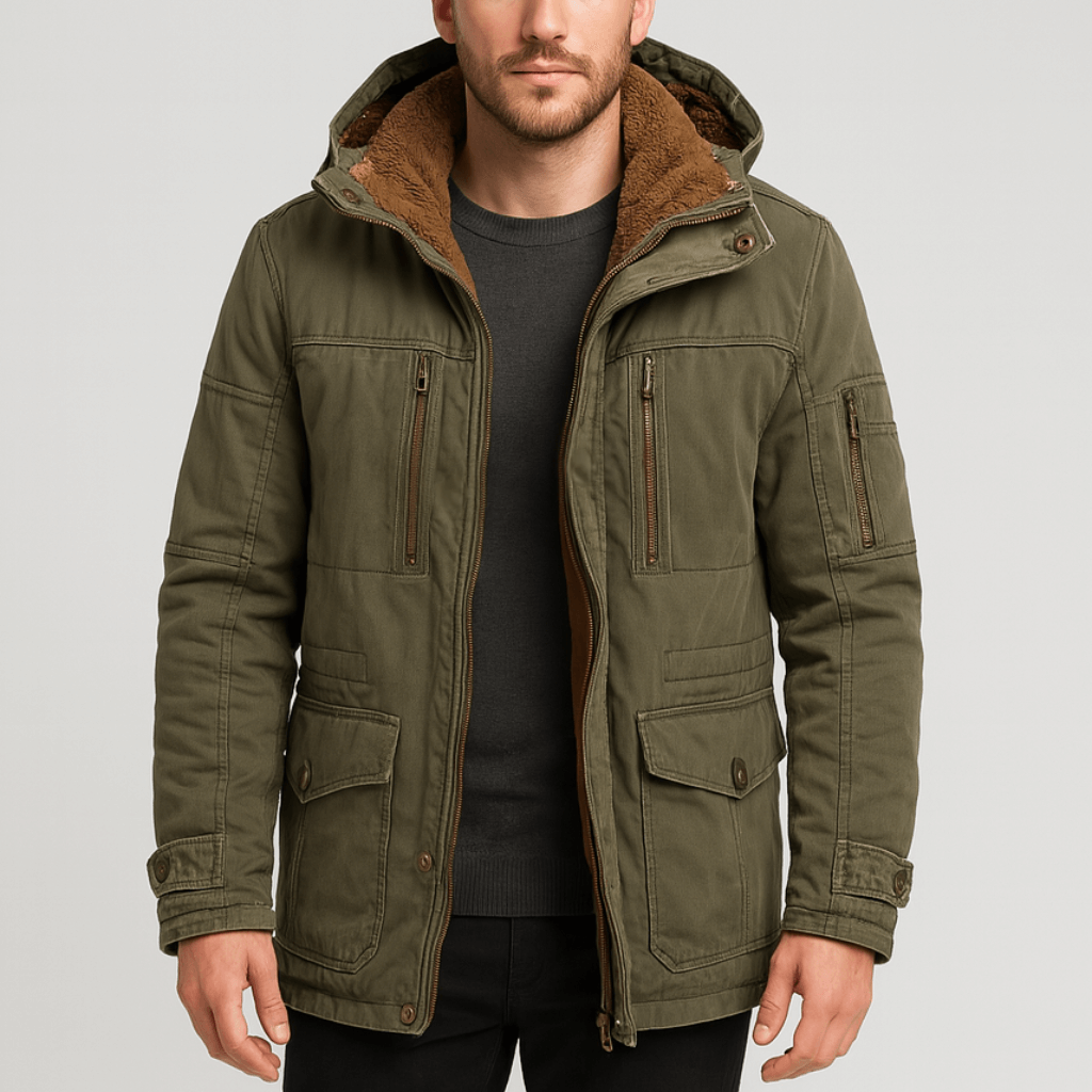 Warme Herren-Winterjacke in der Vorderansicht mit mehreren praktischen Taschen