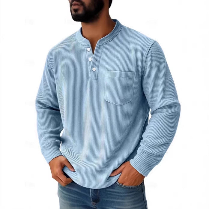 Herren-Henley-Shirt aus Waffelstrick mit Stehkragen in der Vorderansicht