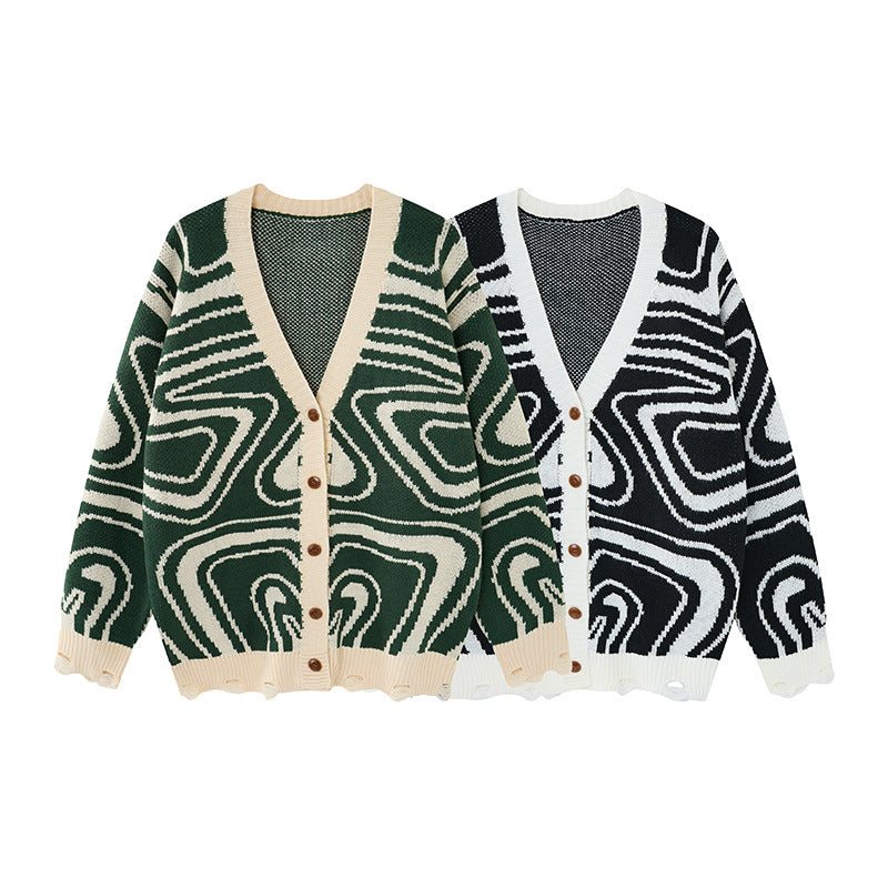 Unisex-Oversize-Strickjacke mit V-Ausschnitt und abstraktem Wirbelmuster