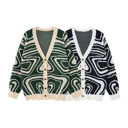 Unisex-Oversize-Strickjacke mit V-Ausschnitt und abstraktem Wirbelmuster