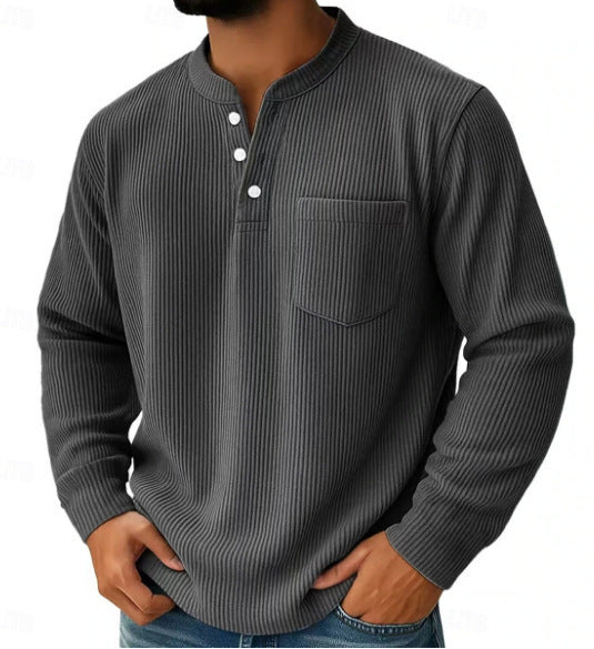 Henley-Shirt mit Stehkragen, Brusttasche und geripptem Saum