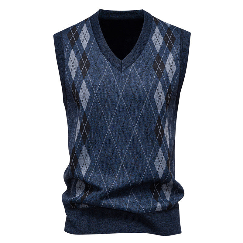 Men's V-Neck Argyle Knit Vest in a Cotton Blend