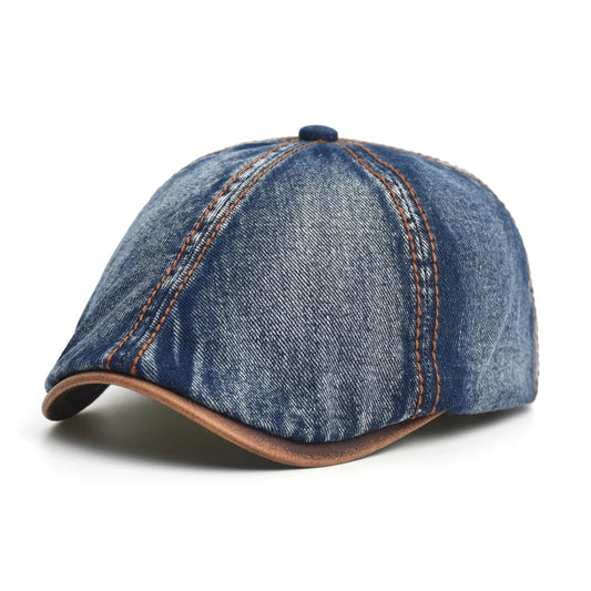 Unisex Baskenmütze in Denim Optik mit Kontrastnähten, Frontansicht