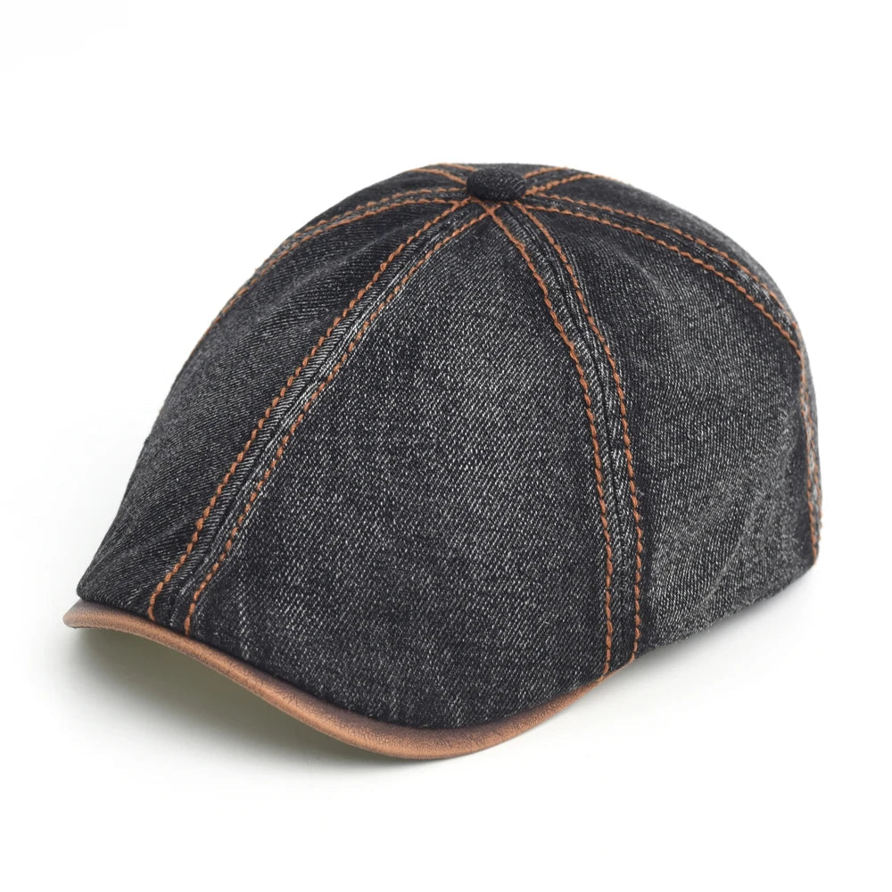 Unisex Baskenmütze in Denim Optik, Detailansicht der Nähte und Form