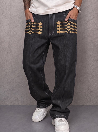 Gerade Damenhose im Denimlook mit dekorativem goldfarbenem Detail