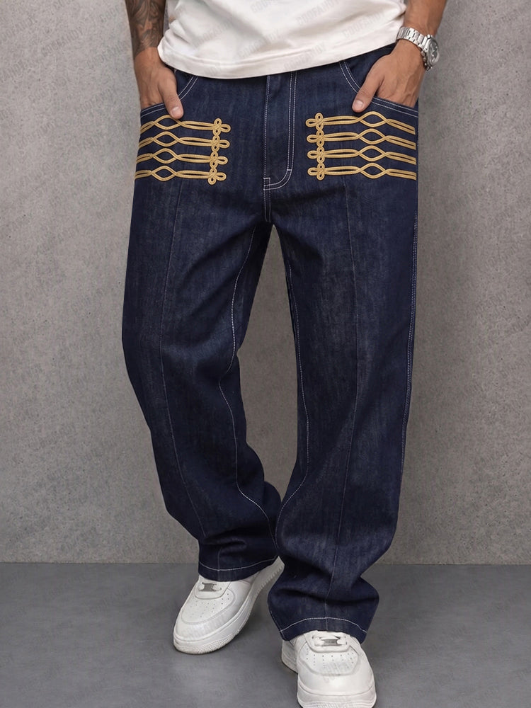 Lässige gerade Hose im Denimlook mit goldfarbenem Detail