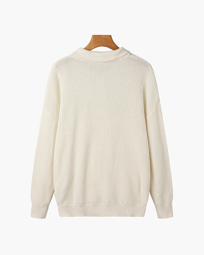 Detailaufnahme des Halbzip-Kragens am Herren Strickpullover