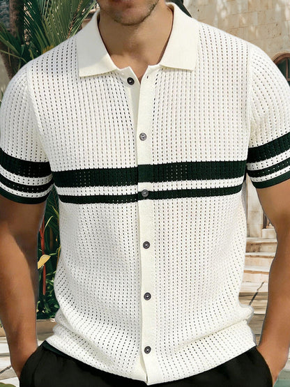 Herren Poloshirt Aus Offenem Strick Mit Streifen