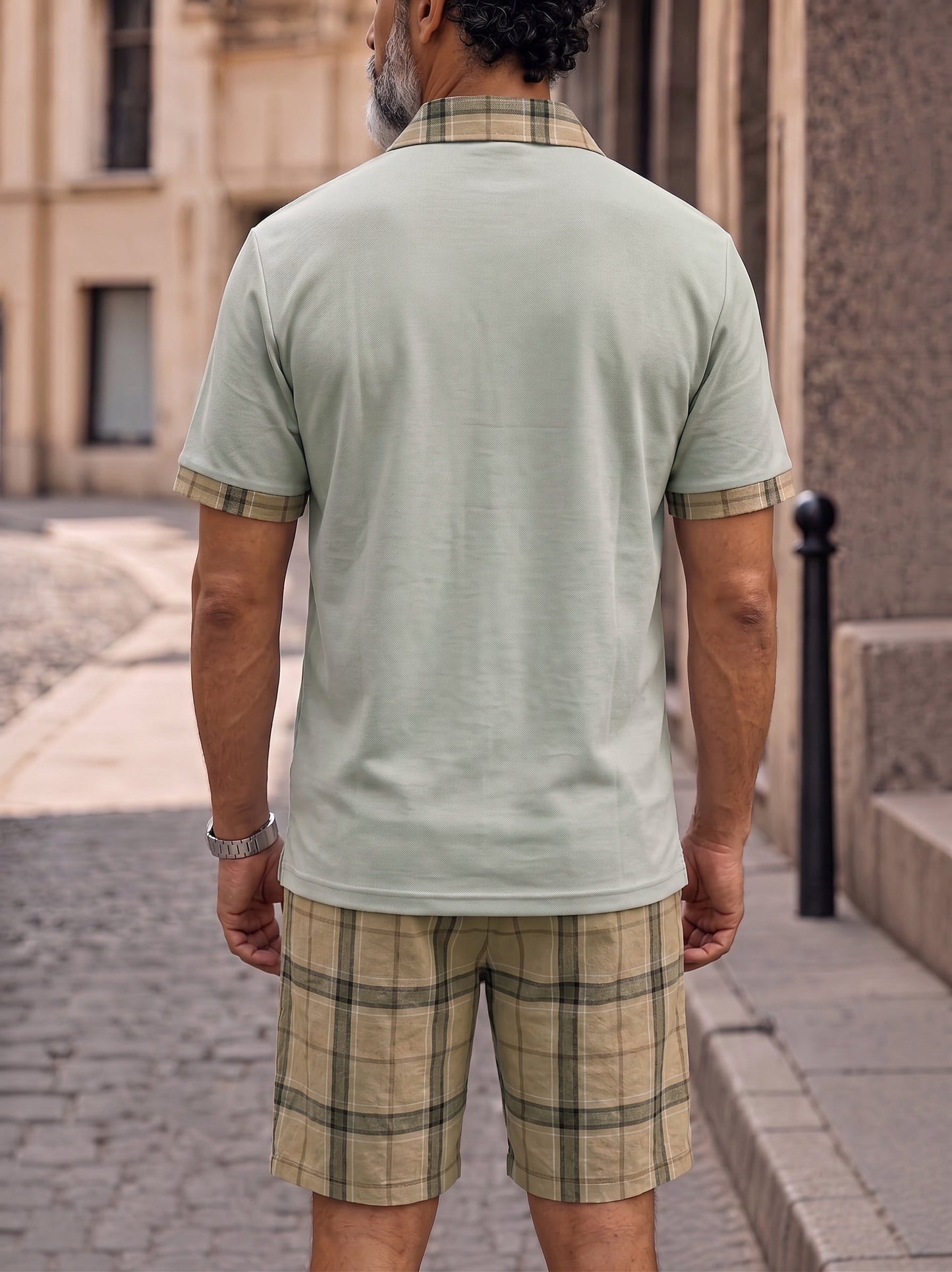 Herren Freizeit-Set mit Polo und Shorts, kompletter Look im Karomuster