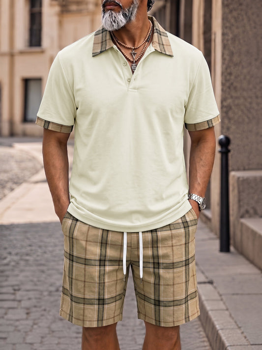 Herren Polo- und Shorts-Set mit Karomuster und Kontrastkragen, Vorderansicht