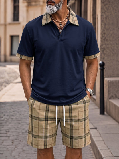 Herren Polo Und Shorts Set Mit Karomuster Kontrastkragen