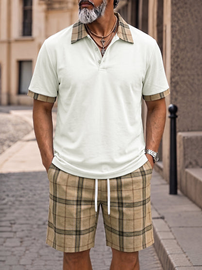 Herren Polo Und Shorts Set Mit Karomuster Kontrastkragen