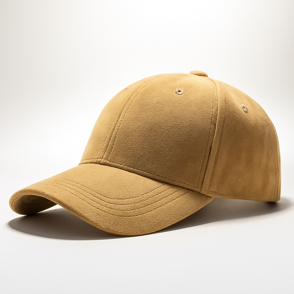 Detailaufnahme des klassischen Schirms der Wildleder-Cap