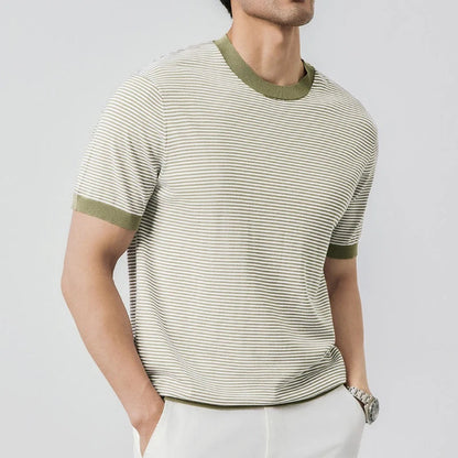 Herren Gestreiftes Strick-Slim-Fit T-Shirt Marineblau Grün