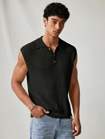 Herren Ärmelloses Strick-Poloshirt Pointelle Strick Schwarz