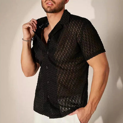 Herren Mesh-Spitzen-Kurzarmhemd Schwarz Slim Fit Button-Down