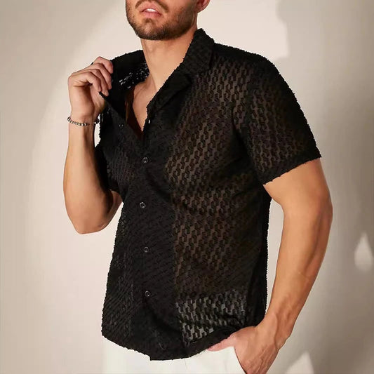 Men's Mesh Lace Short-Sleeve Shirt Black Slim Fit Button-Down