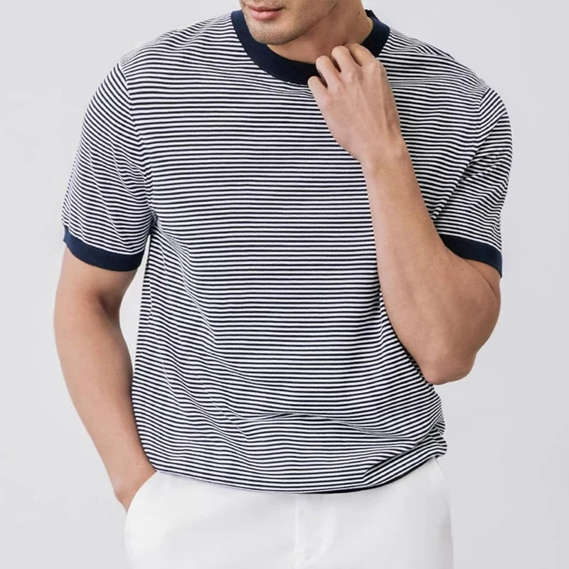 Herren Gestreiftes Strick-Slim-Fit T-Shirt Marineblau Grün