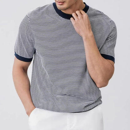 Herren Gestreiftes Strick-Slim-Fit T-Shirt Marineblau Grün